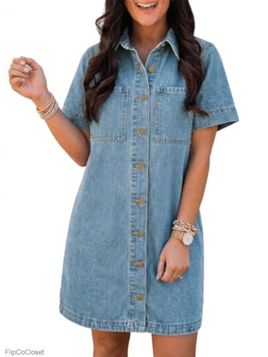 Dresses & Skirts - Button Down Denim Dress Short Sleeve Babydoll Mini Jean Shirt Dress